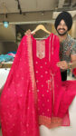 Hot pink Organza Embroidered Straight suit with Banarasi Duppata